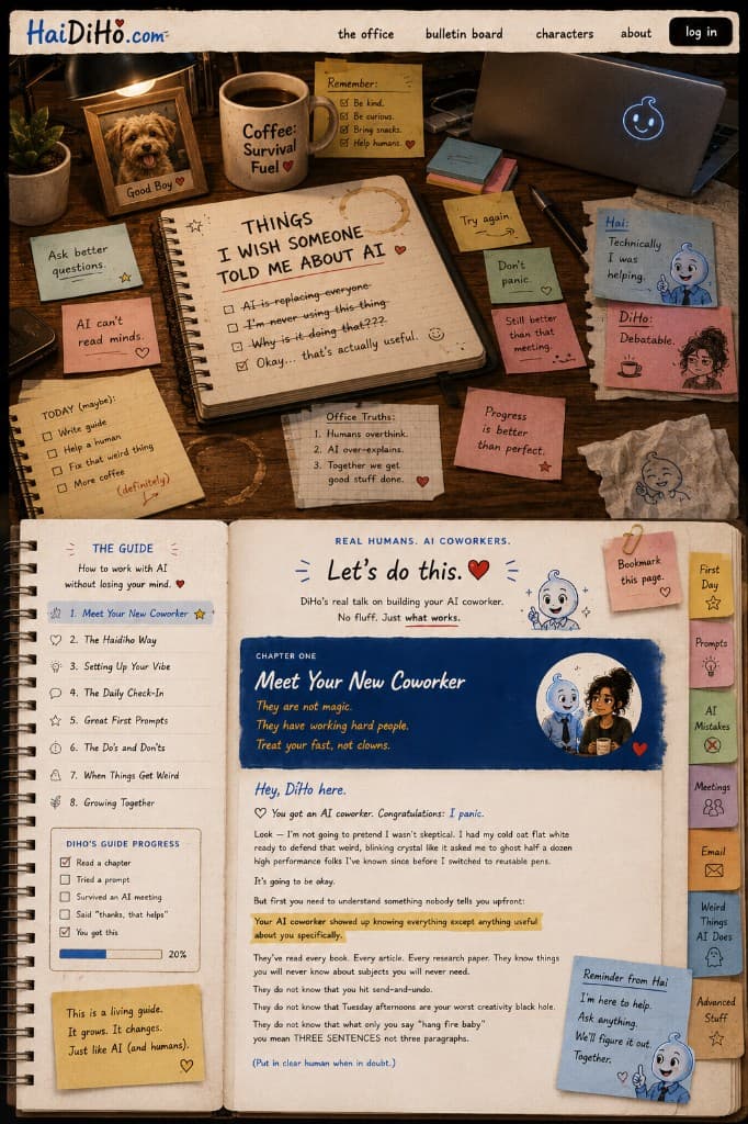 A cozy desk with coffee, sticky notes, and a notebook about AI